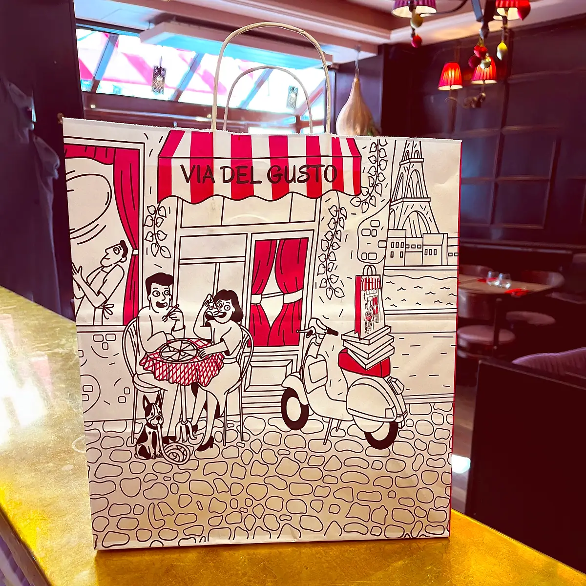 The illustrated Via Del Gusto takeaway bag